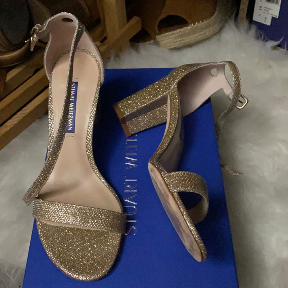 Stuart Weitzman gold glittery strappy heels